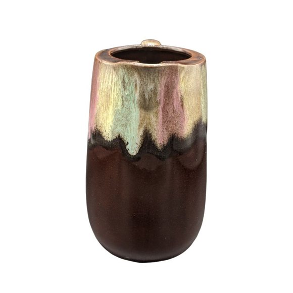 Brown Drip Redware Pitcher  w Ice Lip Color Splash Pink Green Glazed Terracotta - Picture 8 of 9